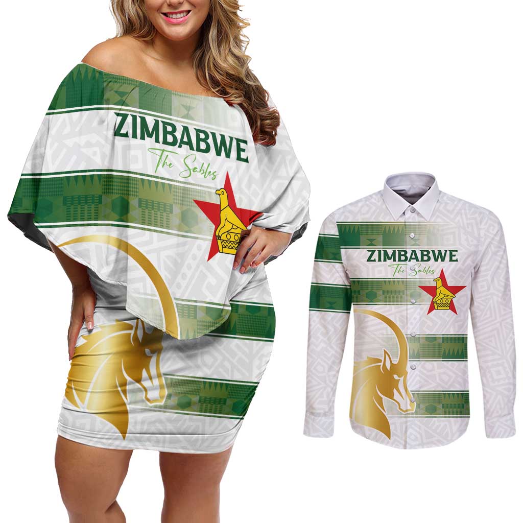 Custom Zimbabwe Rugby The Champions 2025 Couples Matching Off Shoulder Short Dress and Long Sleeve Button Shirt The Gold Sables Version - Wonder Print Shop