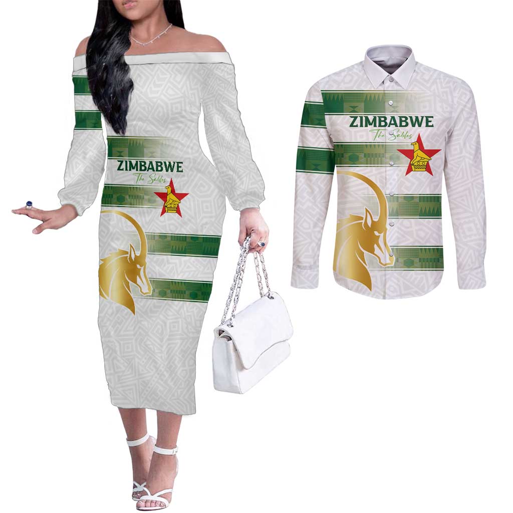 Custom Zimbabwe Rugby The Champions 2025 Couples Matching Off The Shoulder Long Sleeve Dress and Long Sleeve Button Shirt The Gold Sables Version - Wonder Print Shop