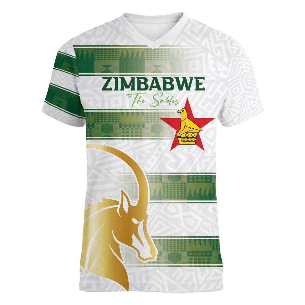 Custom Zimbabwe Rugby The Champions 2025 Women V-Neck T-Shirt The Gold Sables Version - Wonder Print Shop