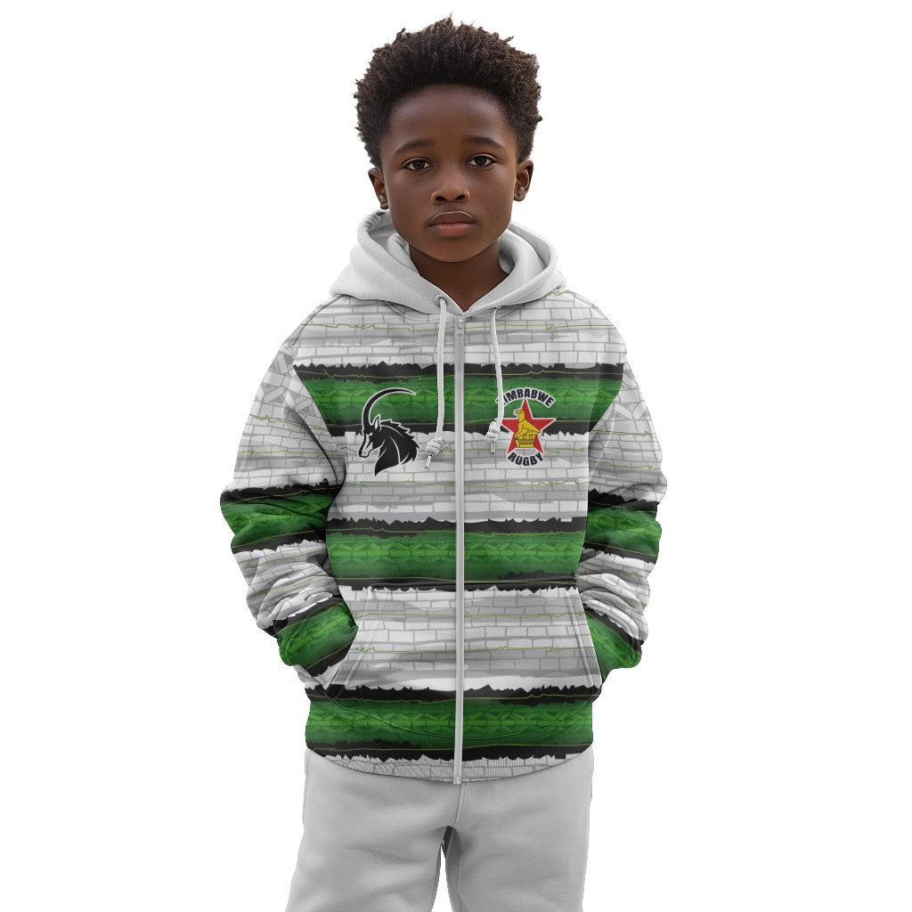 Custom Zimbabwe Rugby Kid Hoodie Geometric Chevron Wall Motif Stripes Style