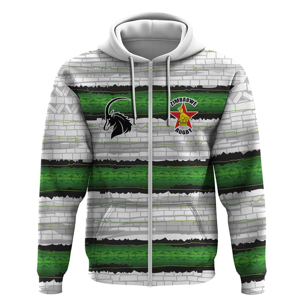 Custom Zimbabwe Rugby Zip Hoodie Geometric Chevron Wall Motif Stripes Style