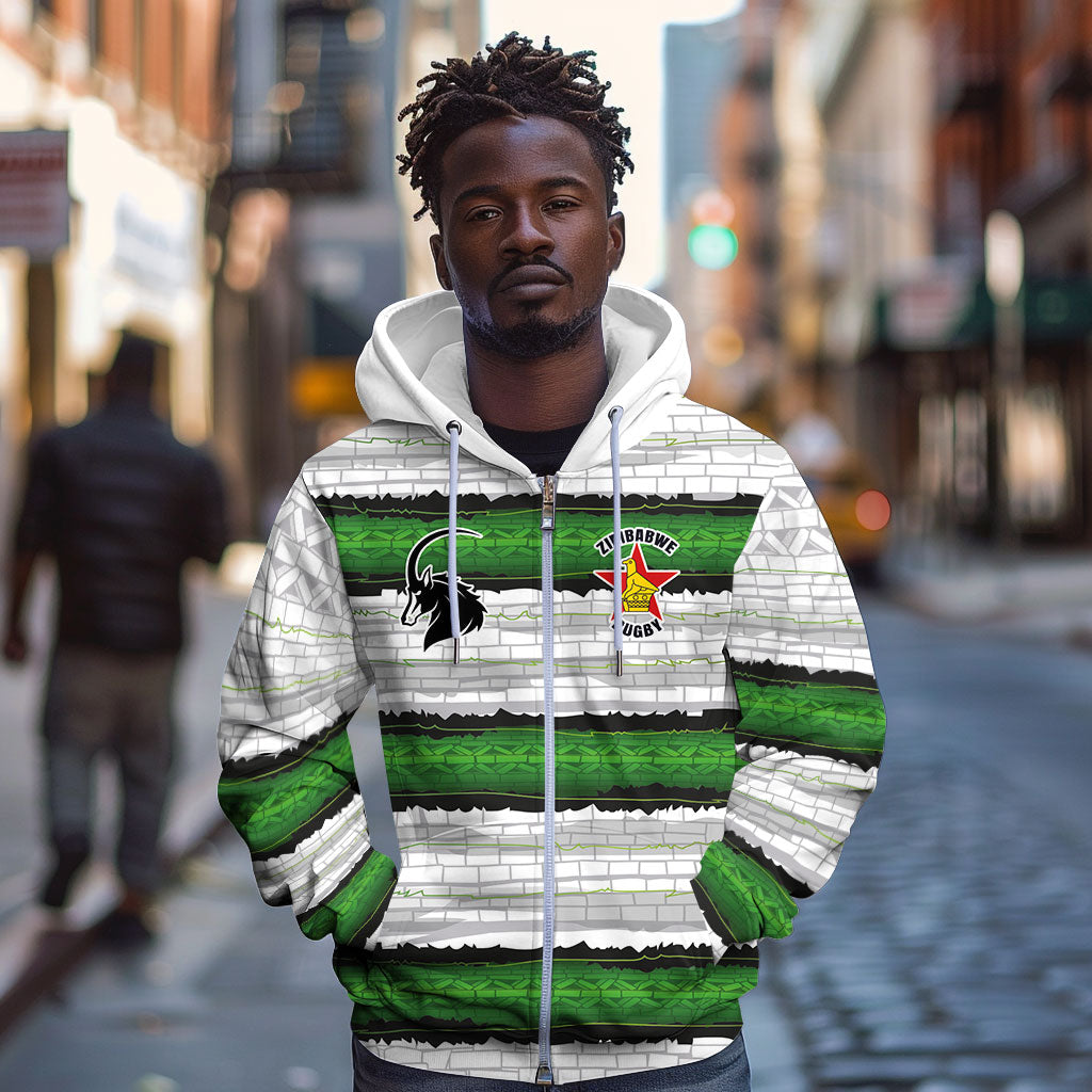 Custom Zimbabwe Rugby Zip Hoodie Geometric Chevron Wall Motif Stripes Style