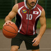 Custom Japan Volleyball Sleeveless Zip Hoodie Sporty Style Red Color