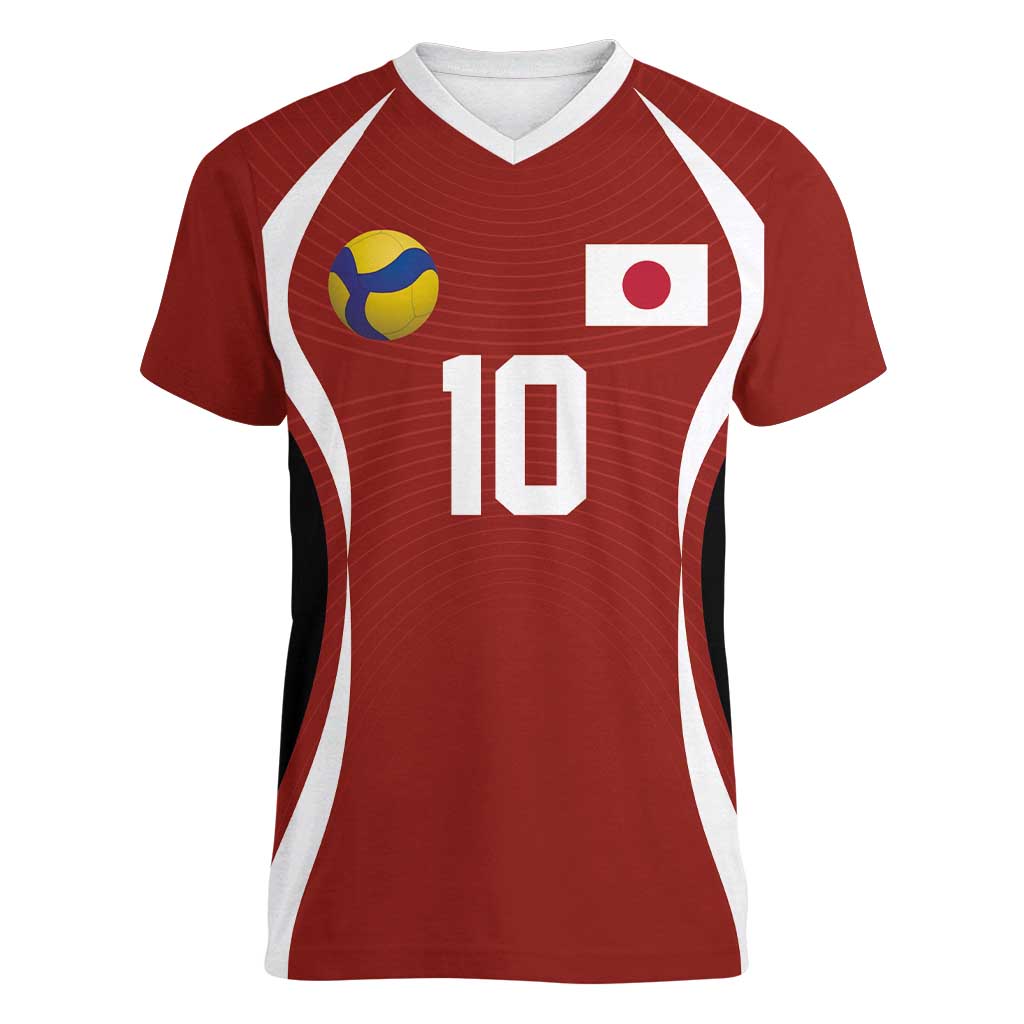 Custom Japan Volleyball Women V-Neck T-Shirt Sporty Style Red Color