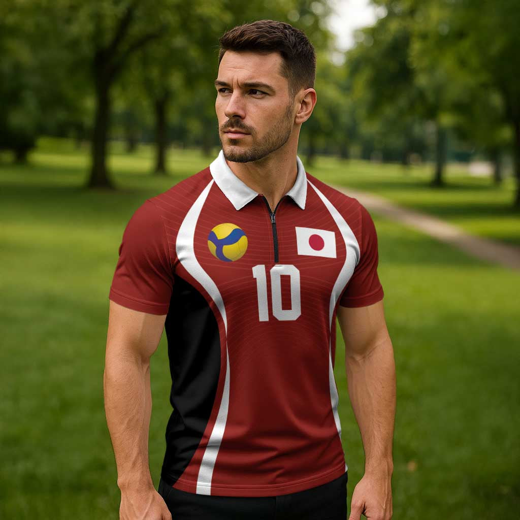 Custom Japan Volleyball Zipper Polo Shirt Sporty Style Red Color