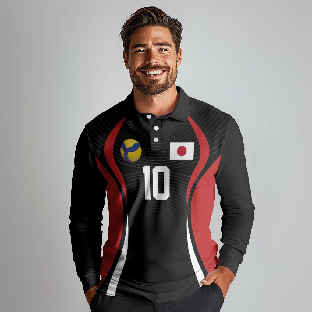 Custom Japan Volleyball Long Sleeve Polo Shirt Sporty Style Black Color