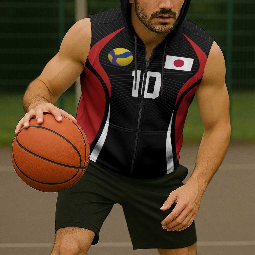 Custom Japan Volleyball Sleeveless Zip Hoodie Sporty Style Black Color