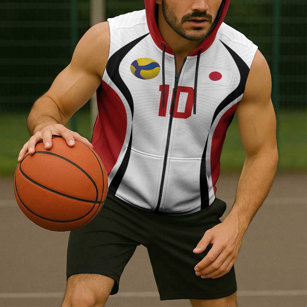 Custom Japan Volleyball Sleeveless Zip Hoodie Sporty Style White Color