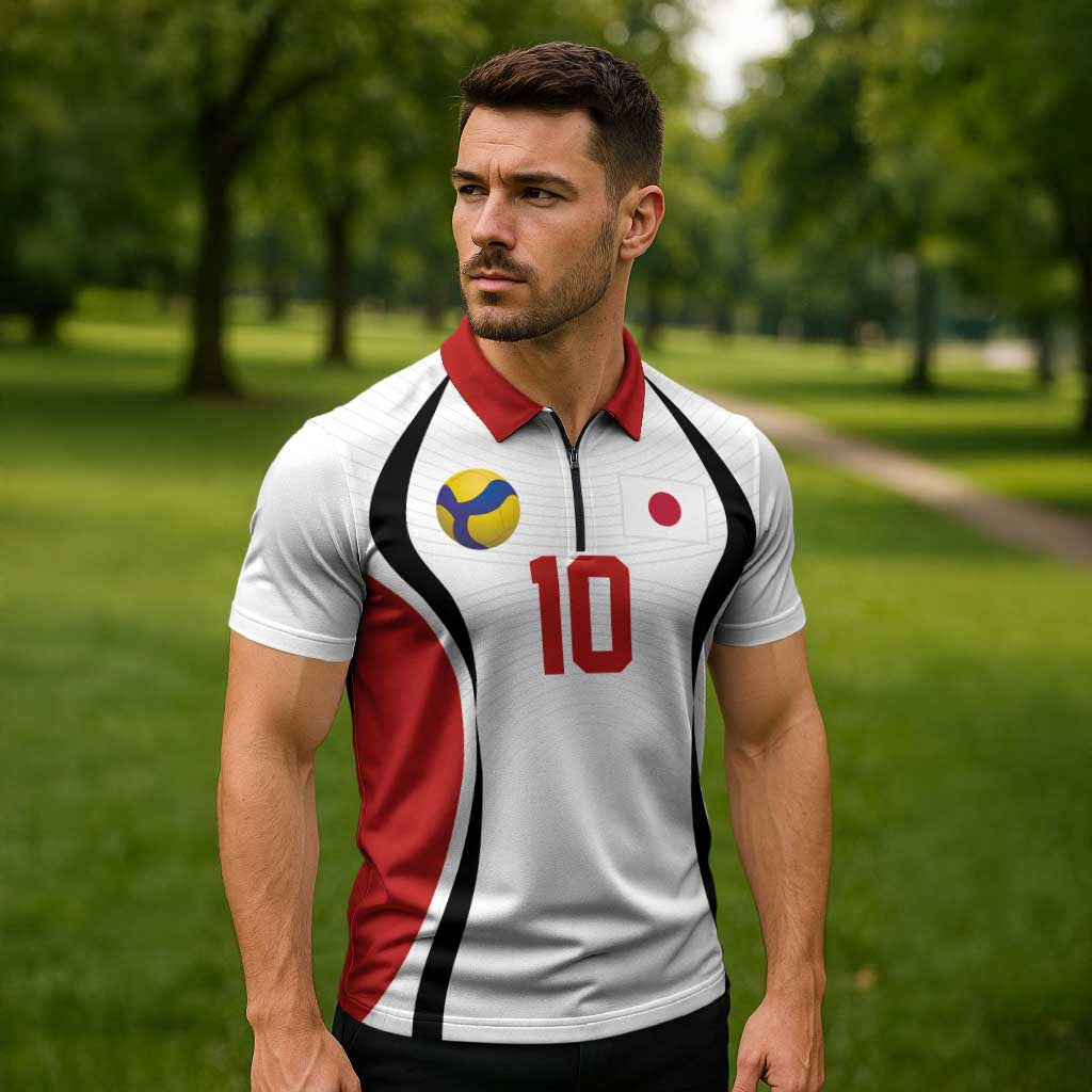 Custom Japan Volleyball Zipper Polo Shirt Sporty Style White Color