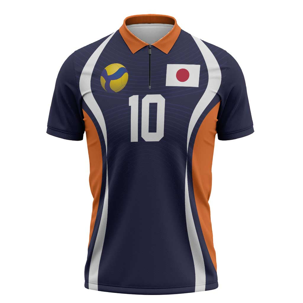 Custom Japan Volleyball Zipper Polo Shirt Sporty Style Navy Color