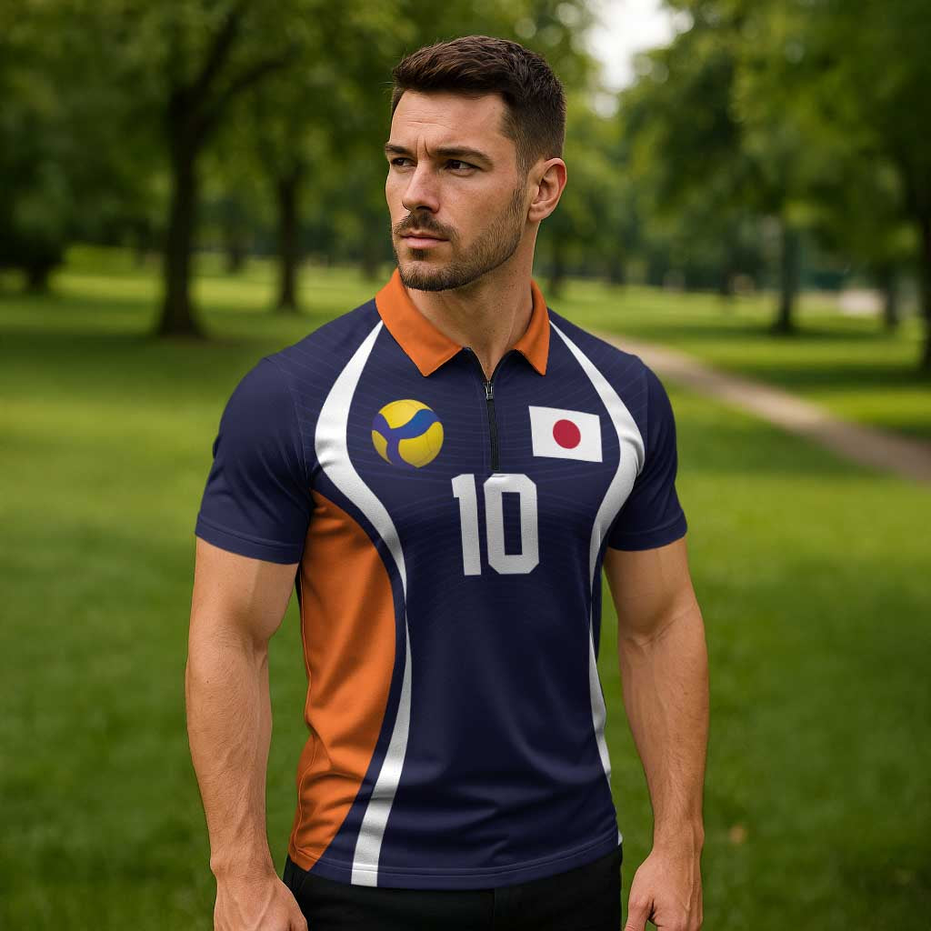 Custom Japan Volleyball Zipper Polo Shirt Sporty Style Navy Color