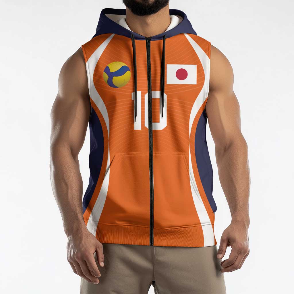 Custom Japan Volleyball Sleeveless Zip Hoodie Sporty Style Orange Color