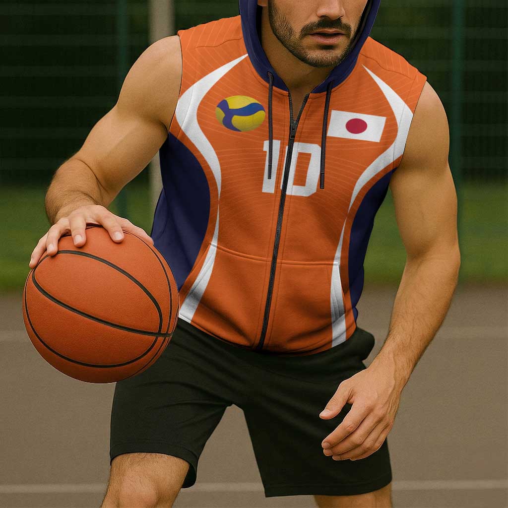 Custom Japan Volleyball Sleeveless Zip Hoodie Sporty Style Orange Color