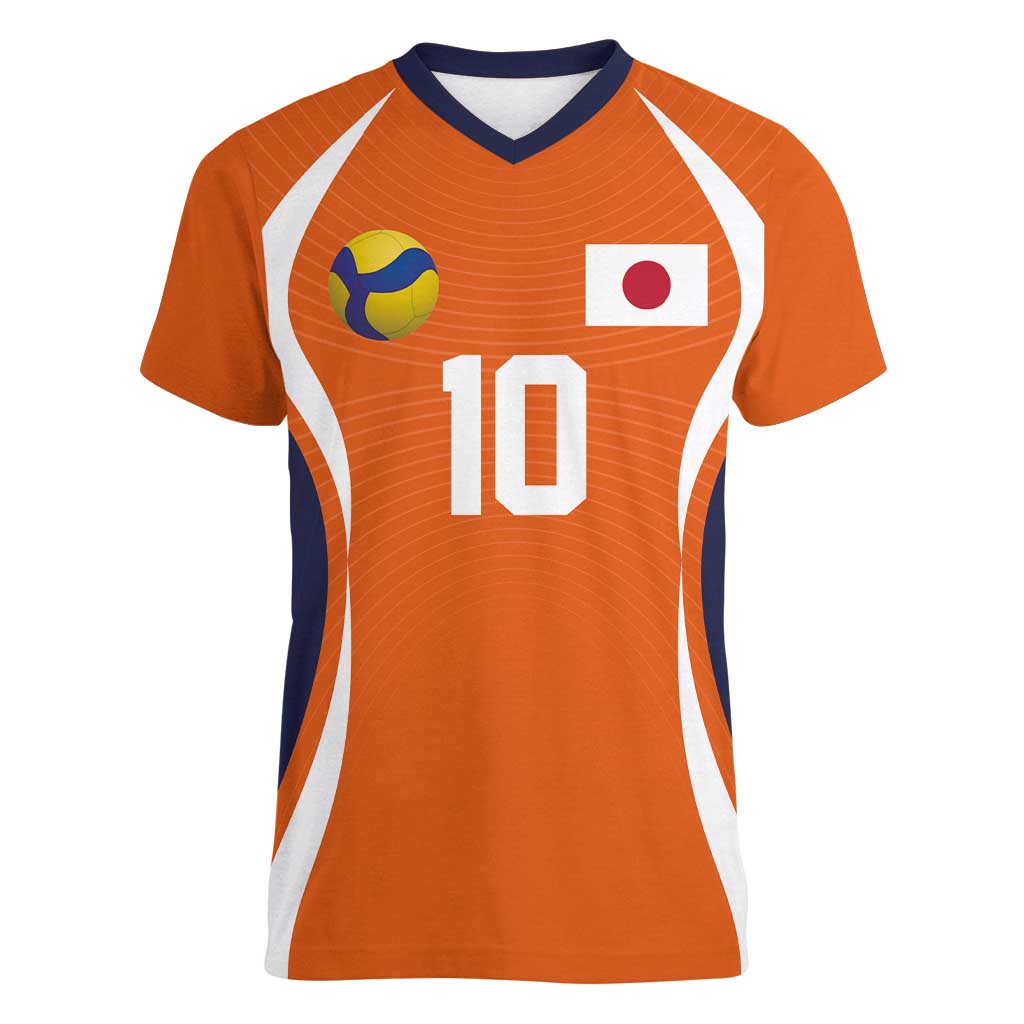 Custom Japan Volleyball Women V-Neck T-Shirt Sporty Style Orange Color