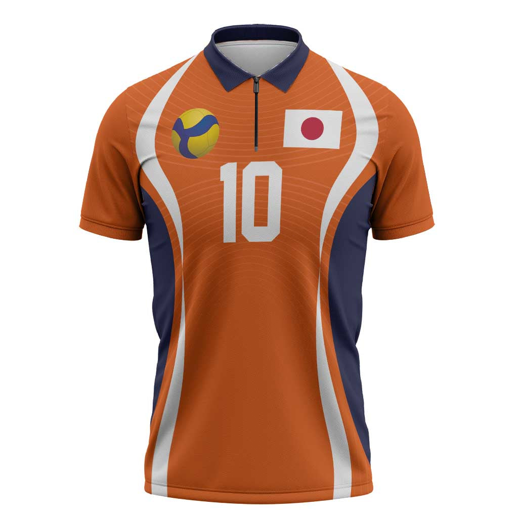 Custom Japan Volleyball Zipper Polo Shirt Sporty Style Orange Color
