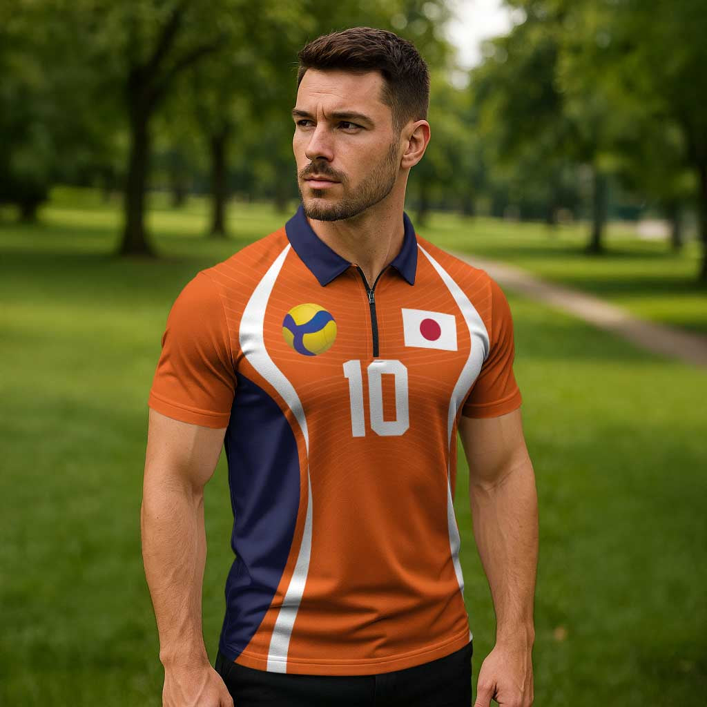 Custom Japan Volleyball Zipper Polo Shirt Sporty Style Orange Color
