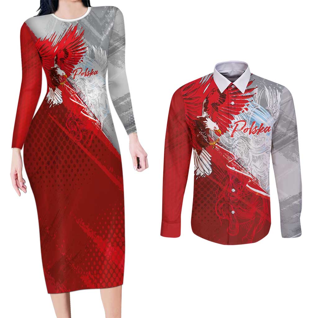 Poland Eagle and Winged Hussar Couples Matching Long Sleeve Bodycon Dress and Long Sleeve Button Shirt Grunge Sporty Style