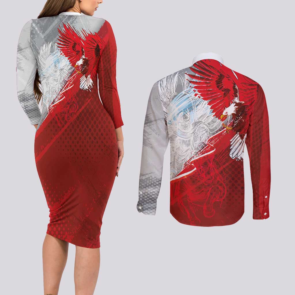 Poland Eagle and Winged Hussar Couples Matching Long Sleeve Bodycon Dress and Long Sleeve Button Shirt Grunge Sporty Style