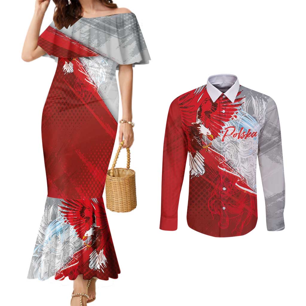 Poland Eagle and Winged Hussar Couples Matching Mermaid Dress and Long Sleeve Button Shirt Grunge Sporty Style