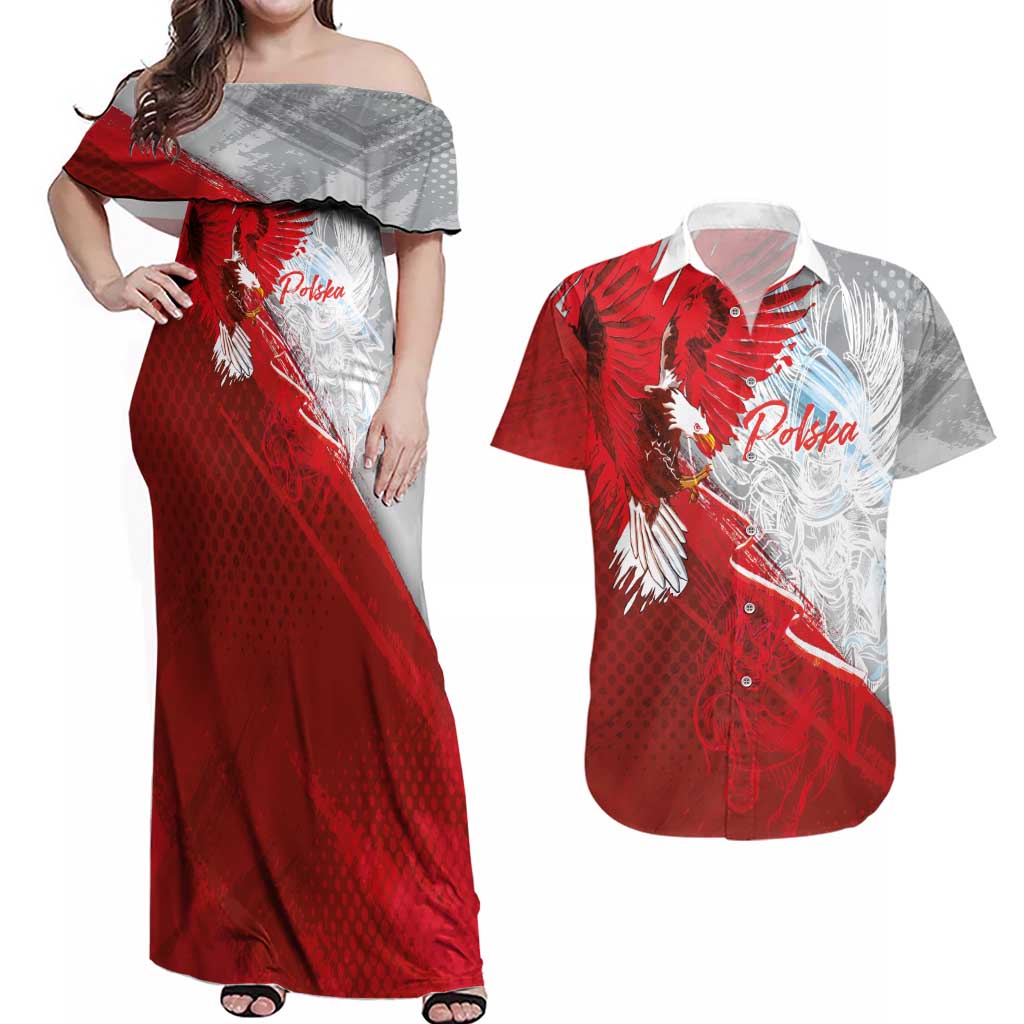 Poland Eagle and Winged Hussar Couples Matching Off Shoulder Maxi Dress and Hawaiian Shirt Grunge Sporty Style
