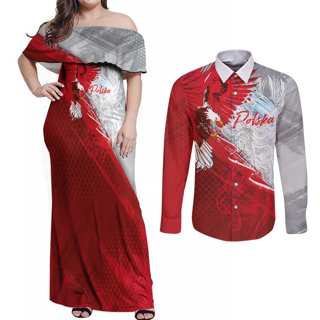 Poland Eagle and Winged Hussar Couples Matching Off Shoulder Maxi Dress and Long Sleeve Button Shirt Grunge Sporty Style