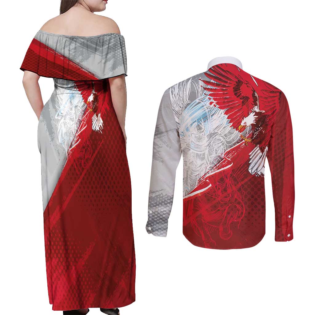 Poland Eagle and Winged Hussar Couples Matching Off Shoulder Maxi Dress and Long Sleeve Button Shirt Grunge Sporty Style