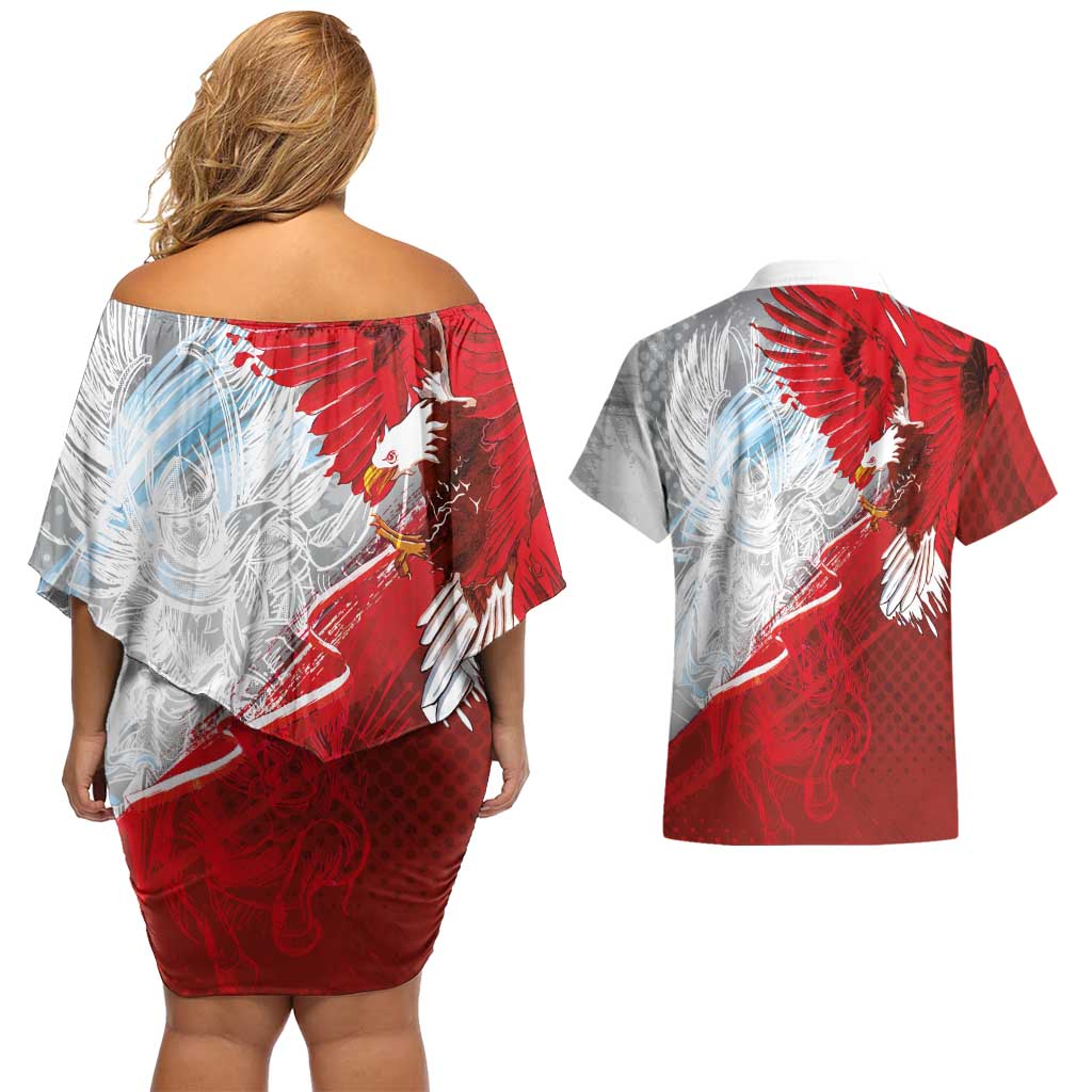 Poland Eagle and Winged Hussar Couples Matching Off Shoulder Short Dress and Hawaiian Shirt Grunge Sporty Style