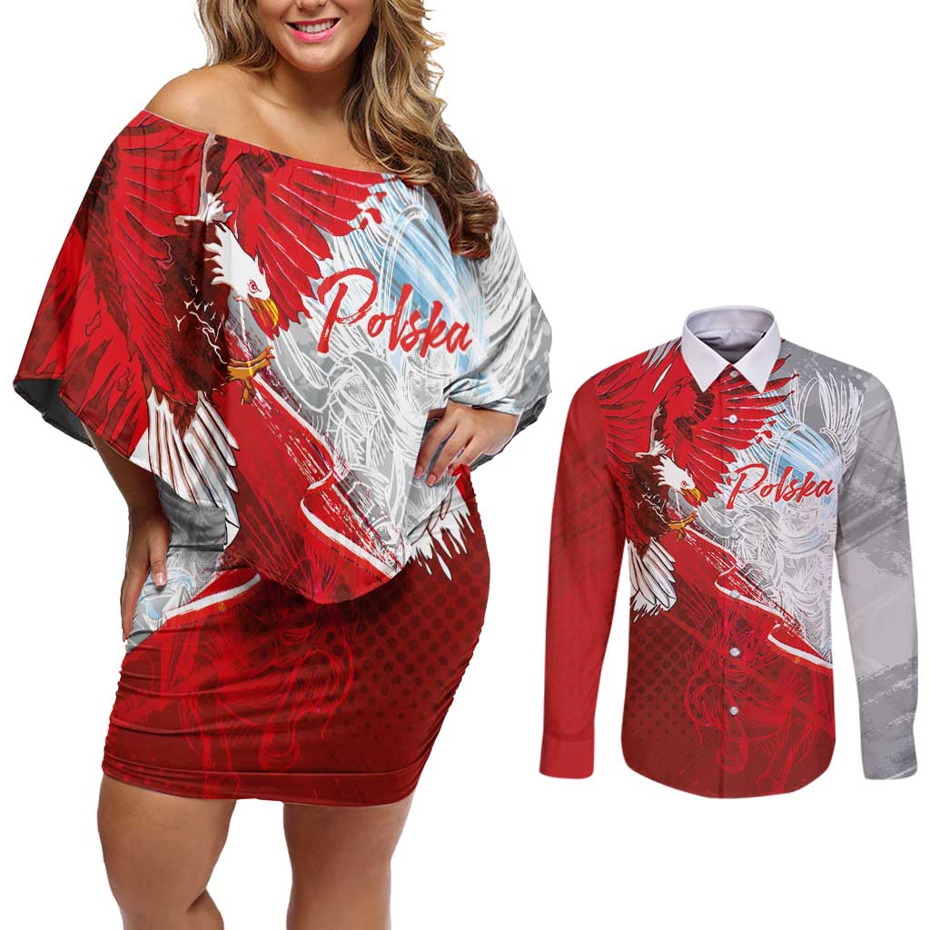 Poland Eagle and Winged Hussar Couples Matching Off Shoulder Short Dress and Long Sleeve Button Shirt Grunge Sporty Style