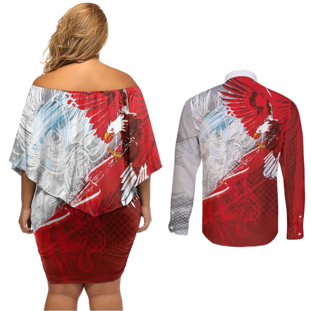 Poland Eagle and Winged Hussar Couples Matching Off Shoulder Short Dress and Long Sleeve Button Shirt Grunge Sporty Style