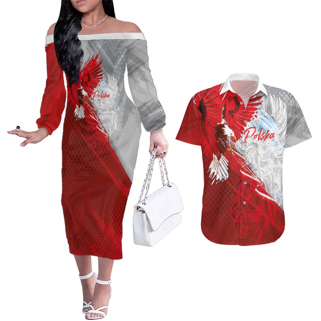 Poland Eagle and Winged Hussar Couples Matching Off The Shoulder Long Sleeve Dress and Hawaiian Shirt Grunge Sporty Style