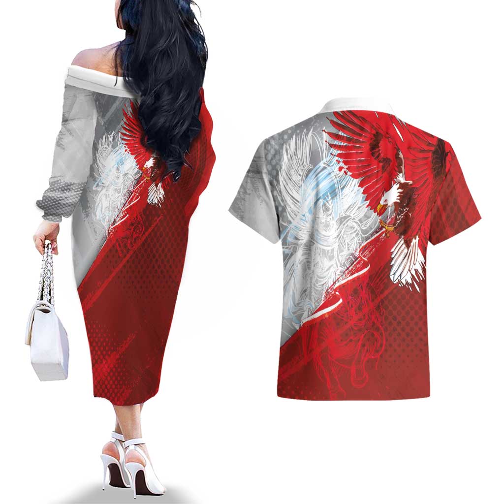 Poland Eagle and Winged Hussar Couples Matching Off The Shoulder Long Sleeve Dress and Hawaiian Shirt Grunge Sporty Style