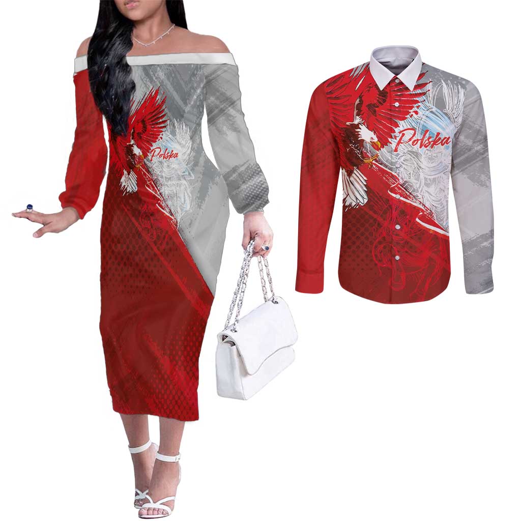 Poland Eagle and Winged Hussar Couples Matching Off The Shoulder Long Sleeve Dress and Long Sleeve Button Shirt Grunge Sporty Style
