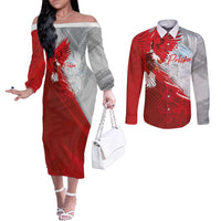Poland Eagle and Winged Hussar Couples Matching Off The Shoulder Long Sleeve Dress and Long Sleeve Button Shirt Grunge Sporty Style