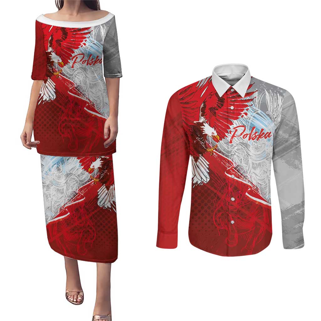 Poland Eagle and Winged Hussar Couples Matching Puletasi and Long Sleeve Button Shirt Grunge Sporty Style