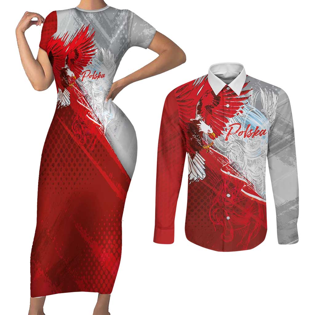 Poland Eagle and Winged Hussar Couples Matching Short Sleeve Bodycon Dress and Long Sleeve Button Shirt Grunge Sporty Style