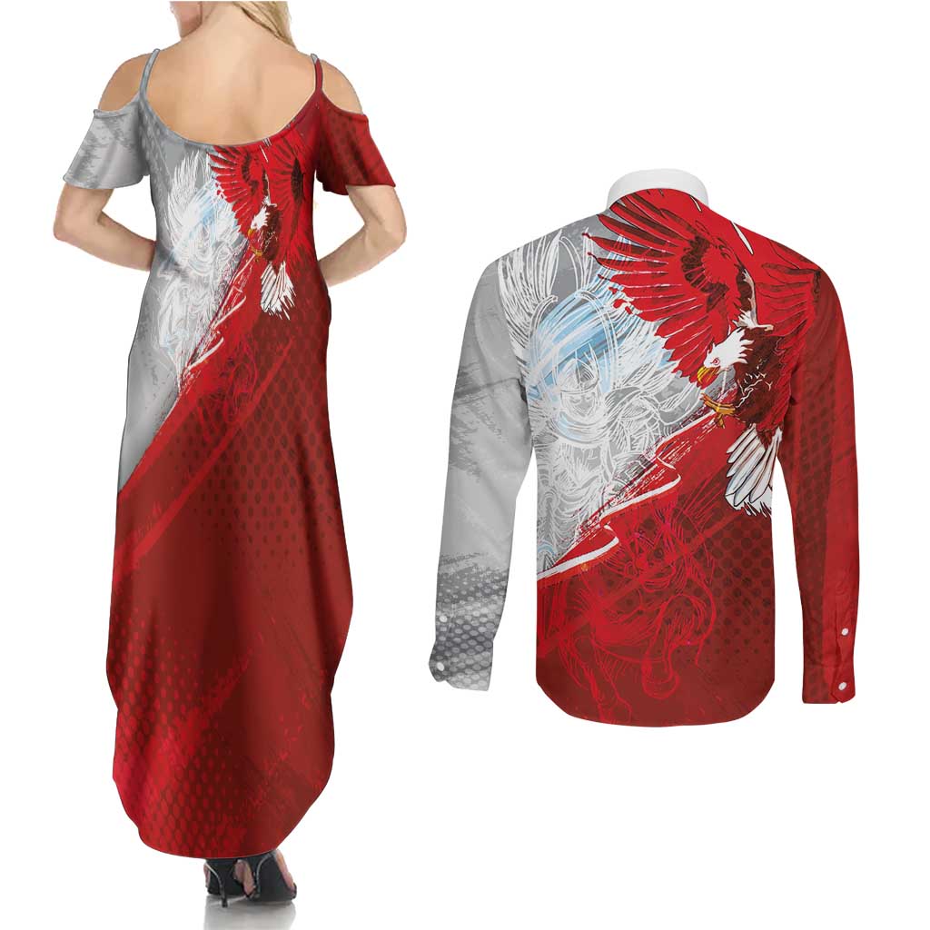 Poland Eagle and Winged Hussar Couples Matching Summer Maxi Dress and Long Sleeve Button Shirt Grunge Sporty Style