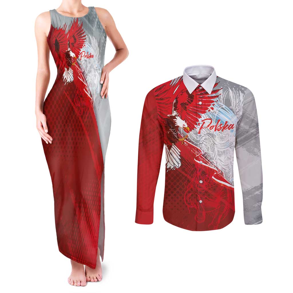 Poland Eagle and Winged Hussar Couples Matching Tank Maxi Dress and Long Sleeve Button Shirt Grunge Sporty Style