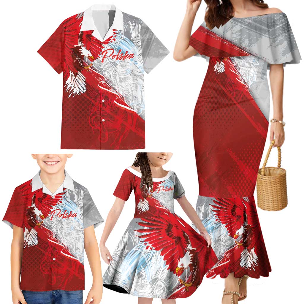 Poland Eagle and Winged Hussar Family Matching Mermaid Dress and Hawaiian Shirt Grunge Sporty Style