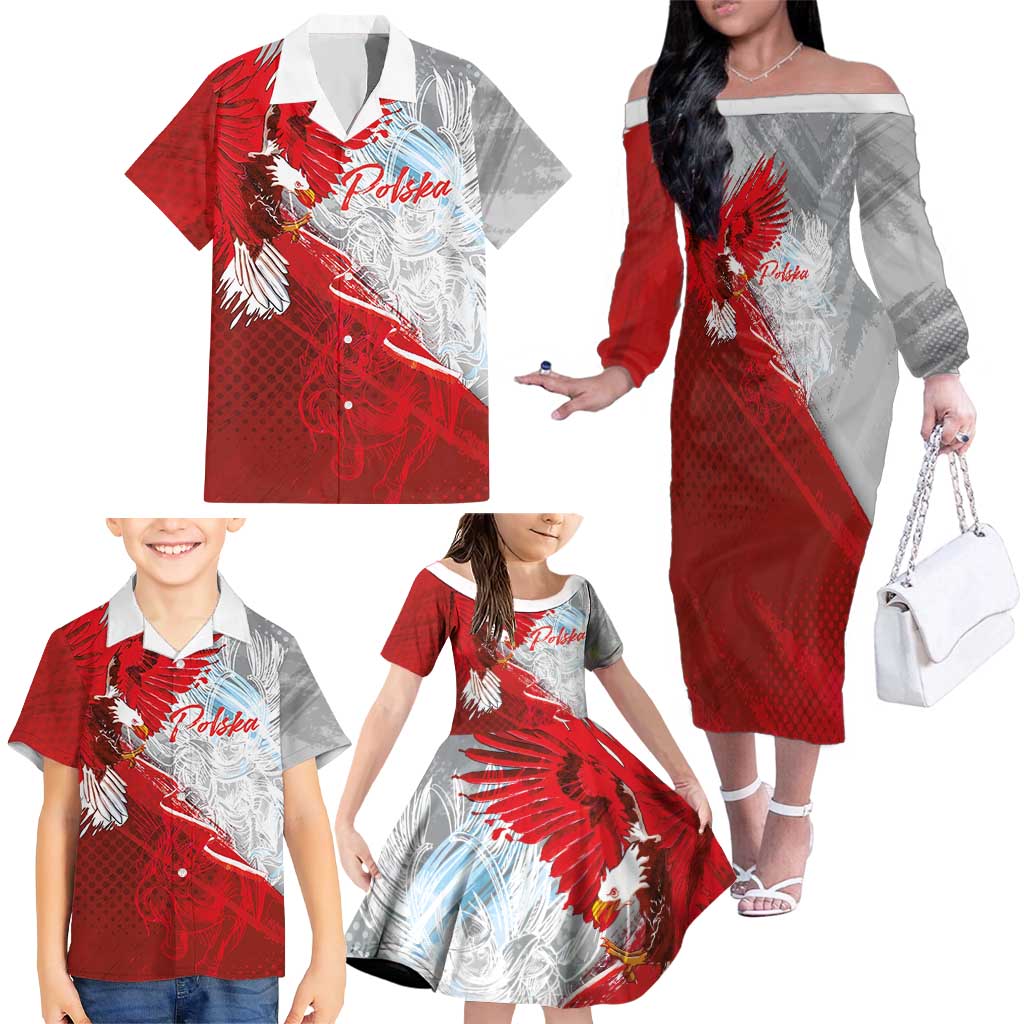Poland Eagle and Winged Hussar Family Matching Off The Shoulder Long Sleeve Dress and Hawaiian Shirt Grunge Sporty Style