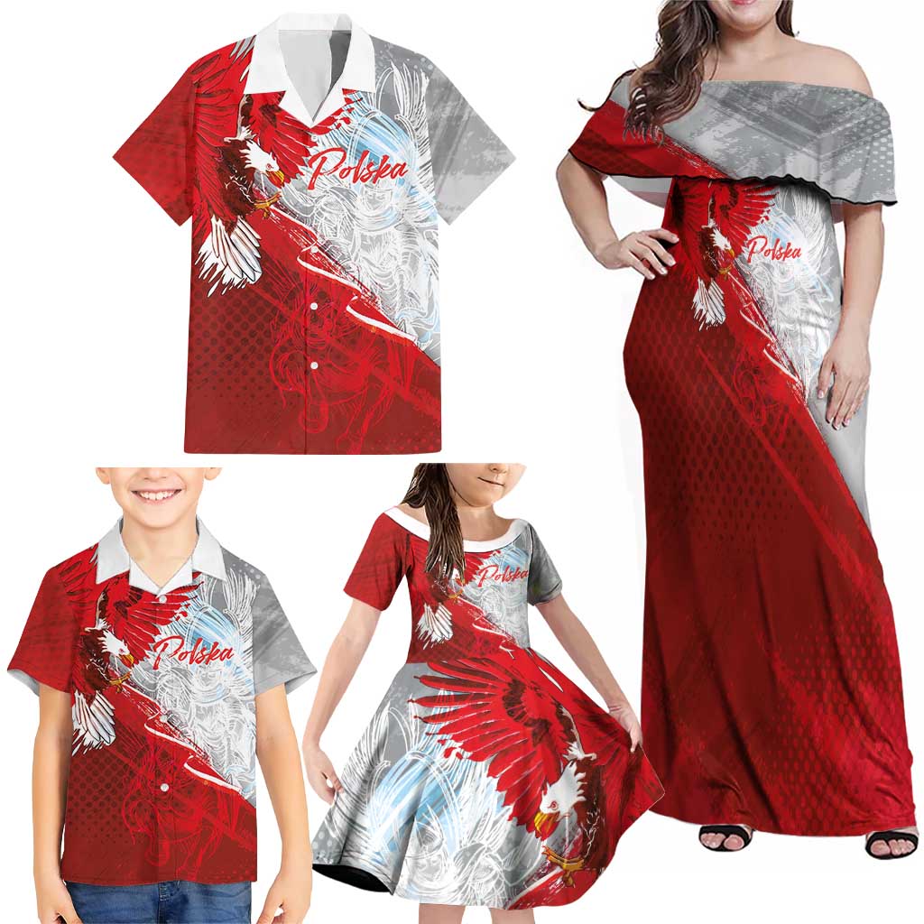 Poland Eagle and Winged Hussar Family Matching Off Shoulder Maxi Dress and Hawaiian Shirt Grunge Sporty Style