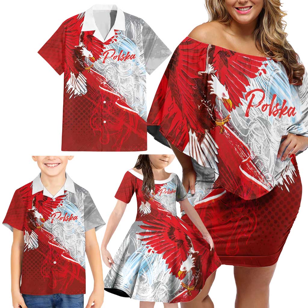 Poland Eagle and Winged Hussar Family Matching Off Shoulder Short Dress and Hawaiian Shirt Grunge Sporty Style