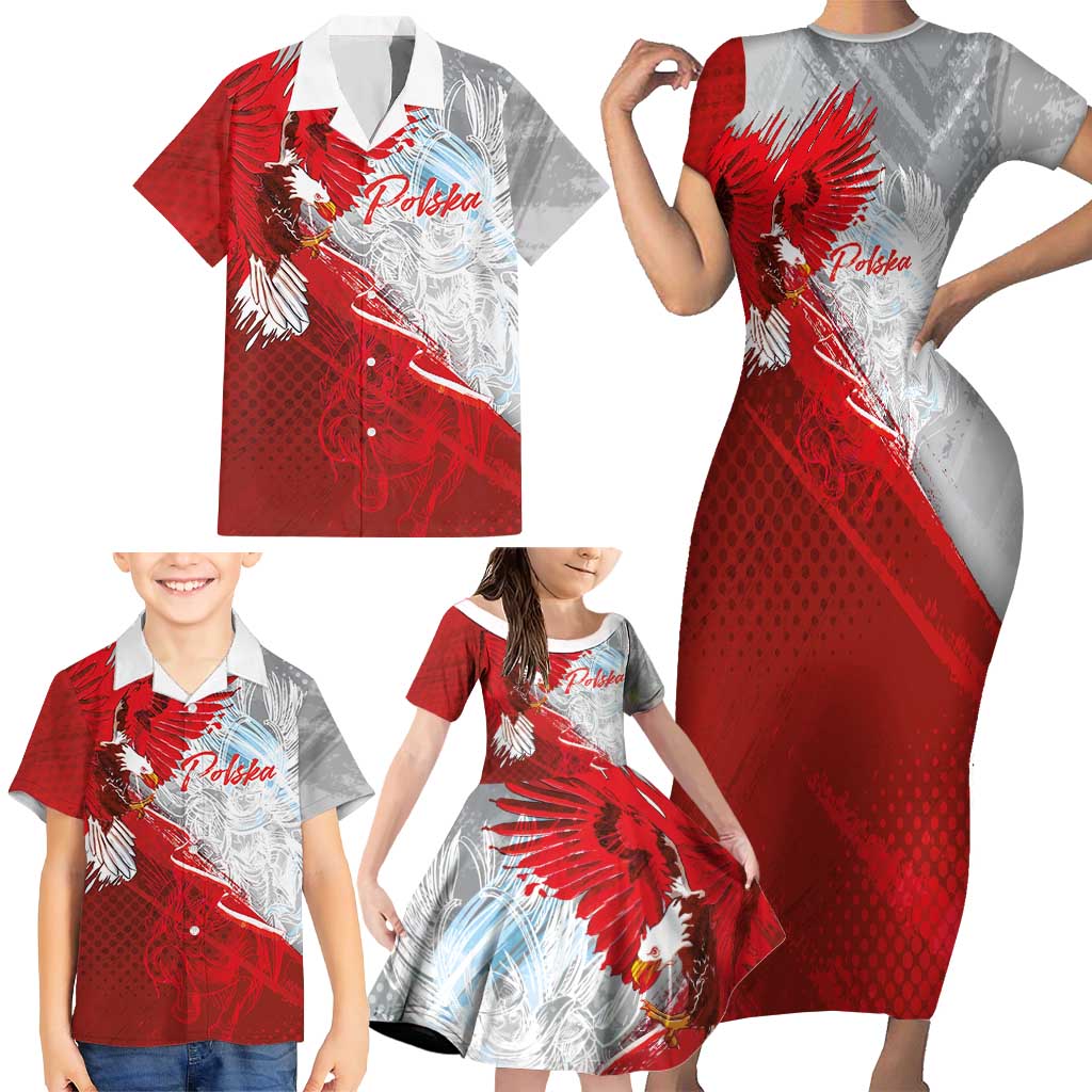 Poland Eagle and Winged Hussar Family Matching Short Sleeve Bodycon Dress and Hawaiian Shirt Grunge Sporty Style