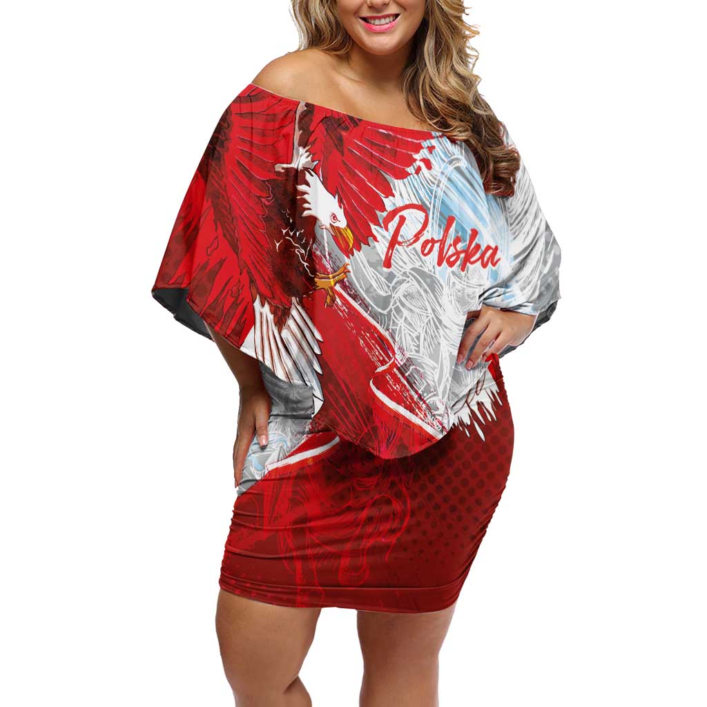 Poland Eagle and Winged Hussar Off Shoulder Short Dress Grunge Sporty Style