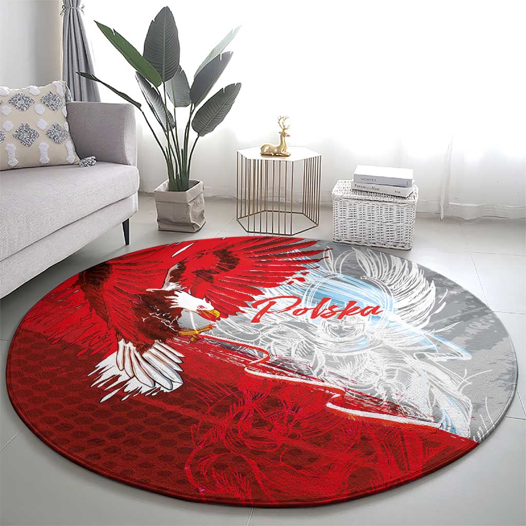 Poland Eagle and Winged Hussar Round Carpet Grunge Sporty Style