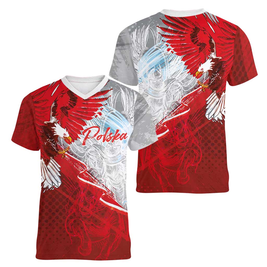 Poland Eagle and Winged Hussar Women V-Neck T-Shirt Grunge Sporty Style
