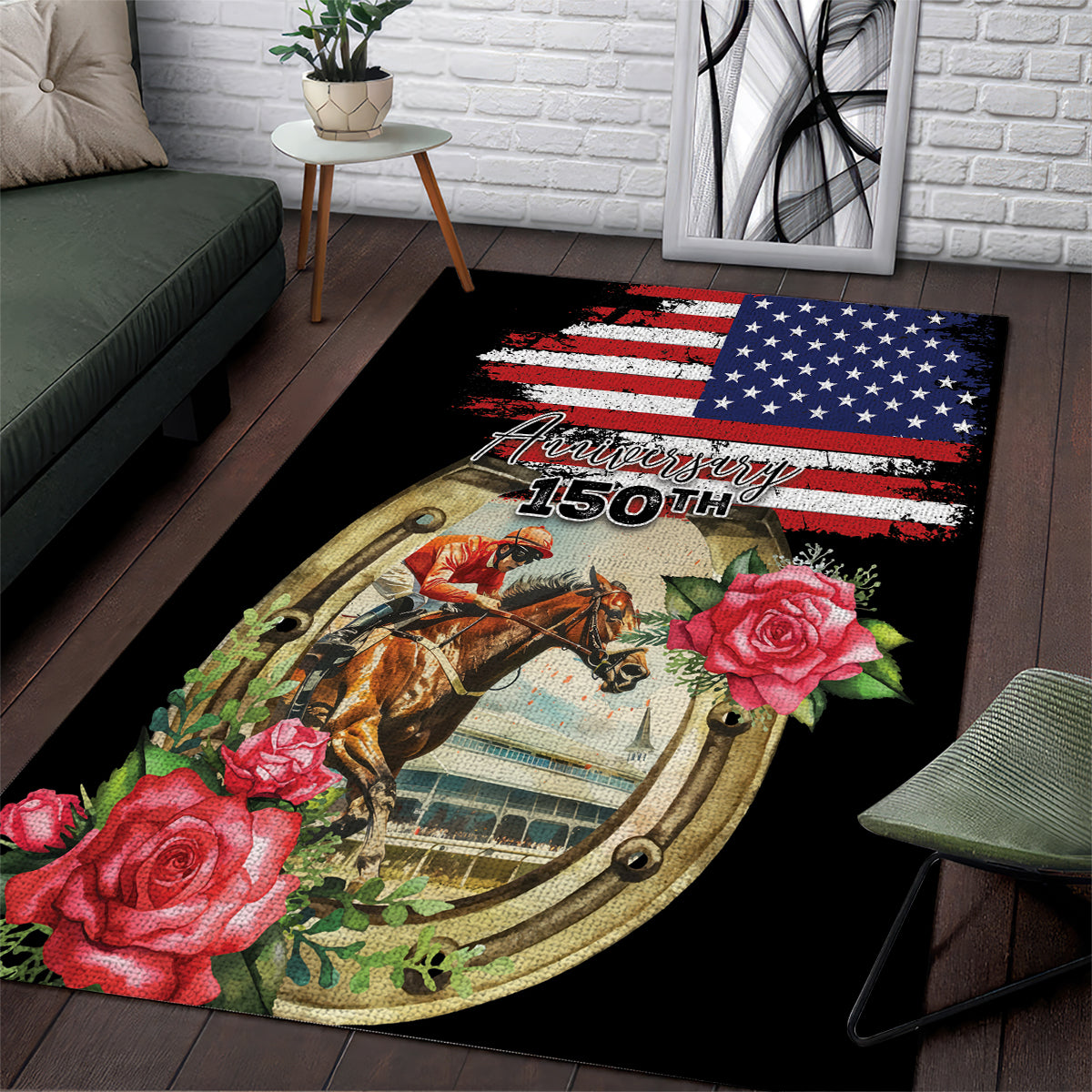 Kentucky Race For Rose 150th Area Rug Horseshoe With American Flag Vintage Style