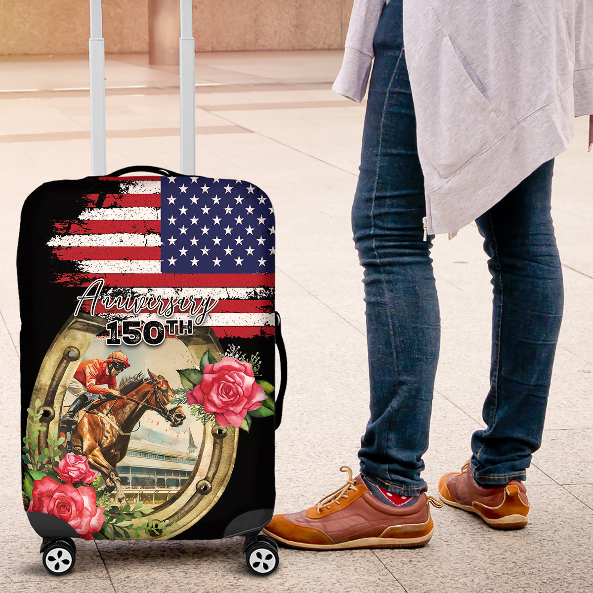 Kentucky Race For Rose 150th Luggage Cover Horseshoe With American Flag Vintage Style