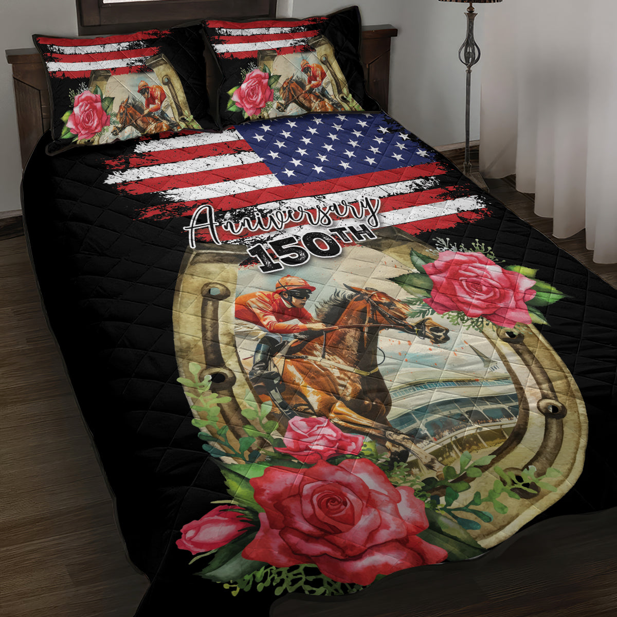 Kentucky Race For Rose 150th Quilt Bed Set Horseshoe With American Flag Vintage Style