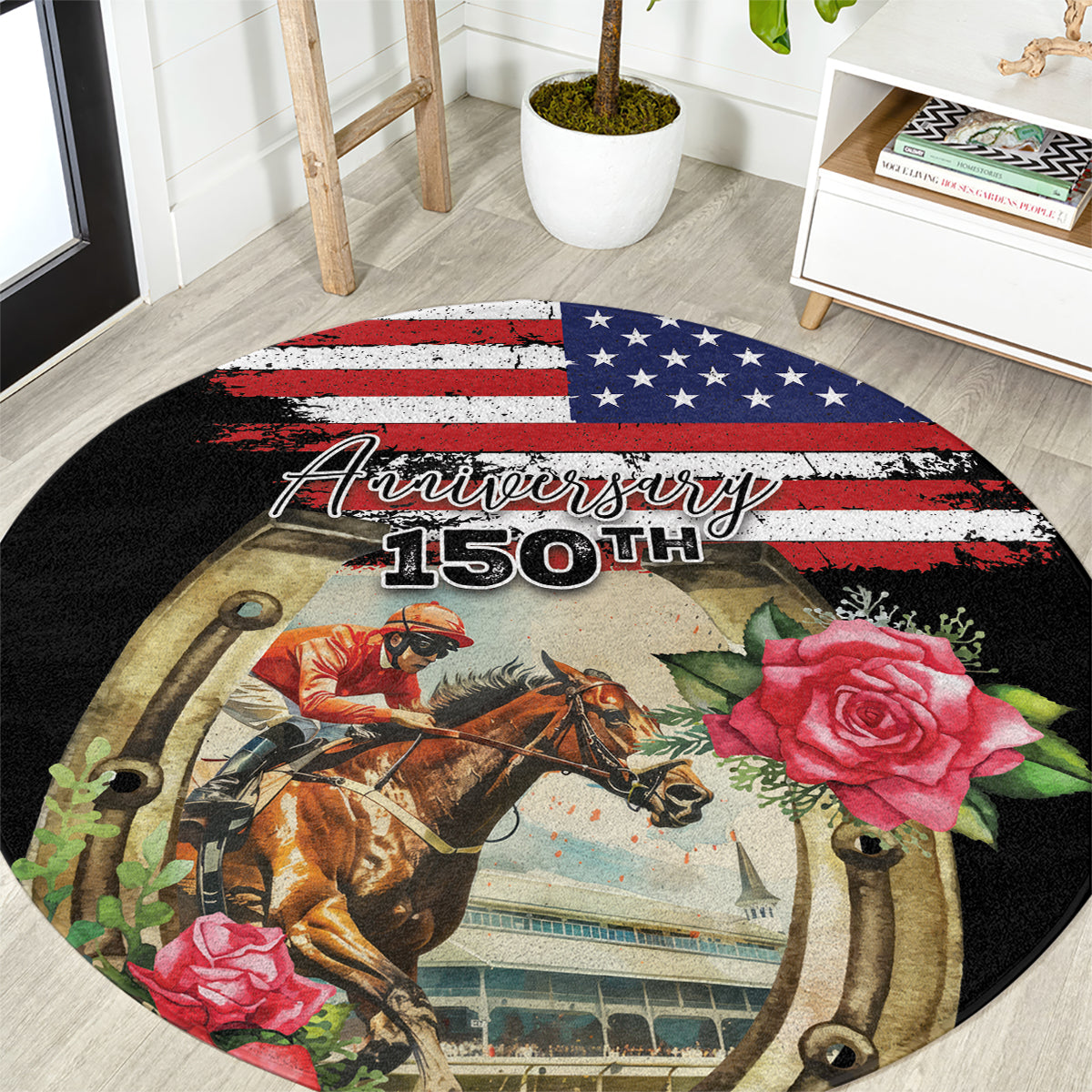 Kentucky Race For Rose 150th Round Carpet Horseshoe With American Flag Vintage Style