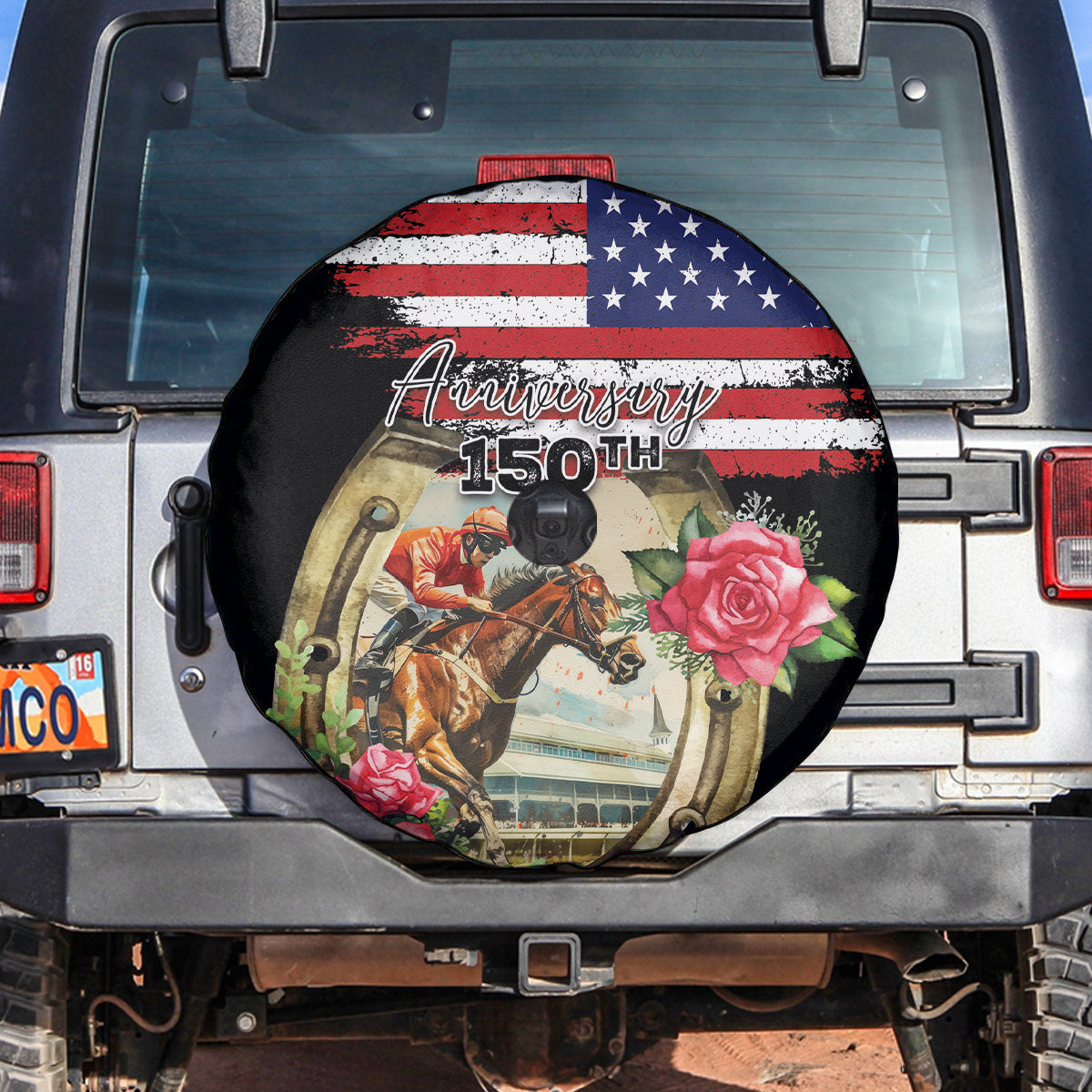 Kentucky Race For Rose 150th Spare Tire Cover Horseshoe With American Flag Vintage Style